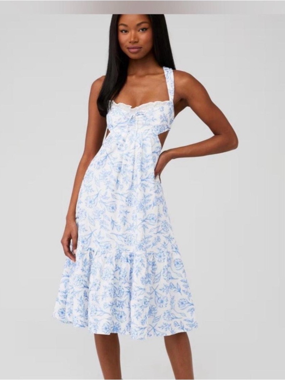 For Love and Lemons Blue & White Floral Midi Dress with Tie Detail - Picture 1 of 3